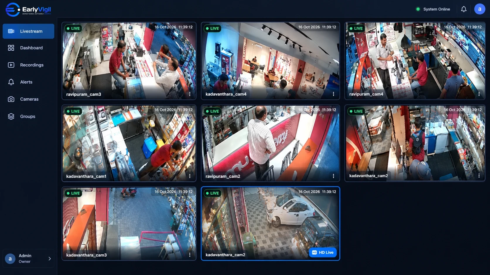 EarlyVigil dark mode showing live views from multiple locations