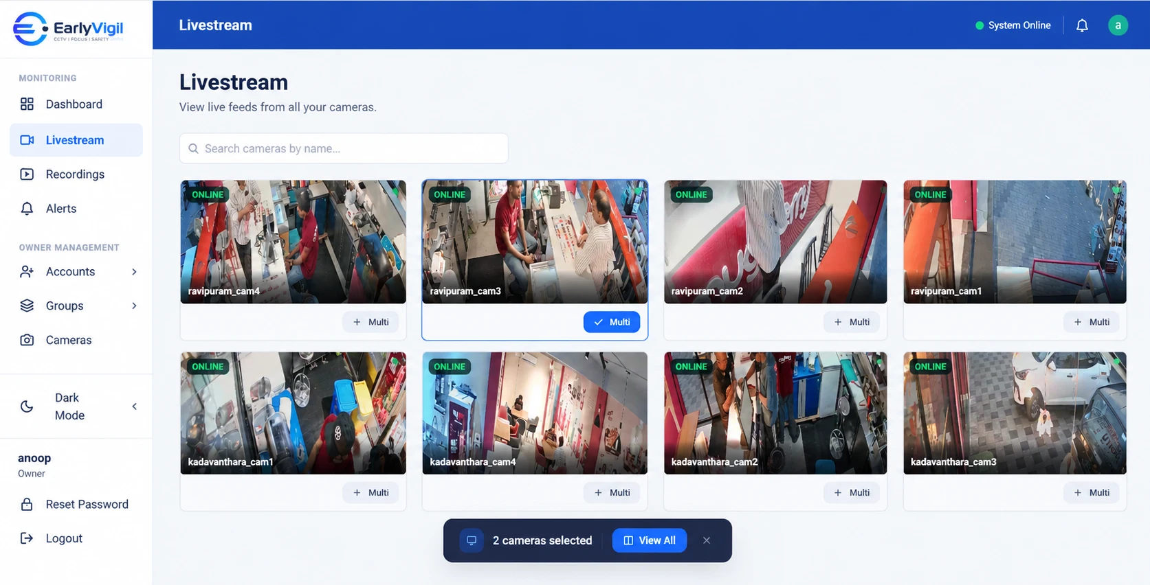 EarlyVigil dashboard showing live views from several locations side by side